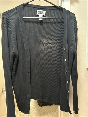 Chico’s Silk Black Ribbed Button-Front Cardigan